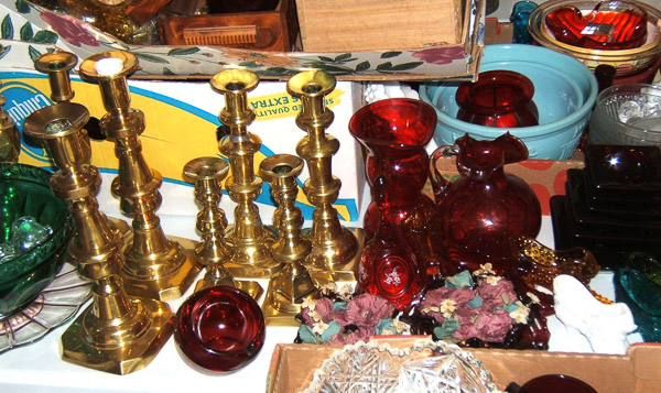 051 3199 Early brass candlesticks & Ruby-Cranberry glass